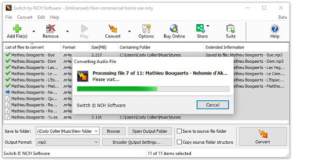 Converting M4A to MP3 Switch Audio File Converter Software converting M4A files to MP3 in a batch conversion
