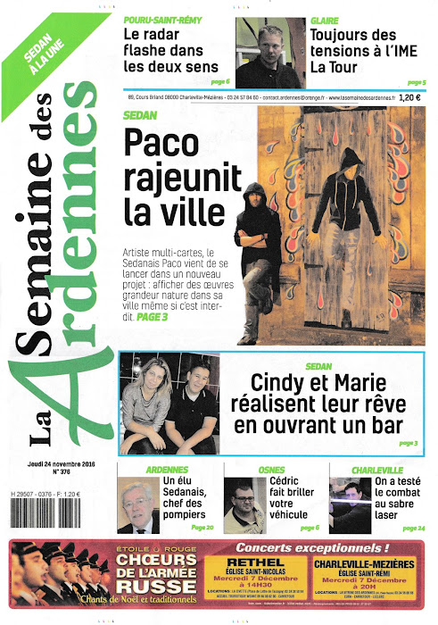 Sedan presse locale la semaine des ardennes sujet sur Paco illustrateur graphiste street artiste Sedannais Une du journal la semaine des ardennes paco street artiste Sedannais