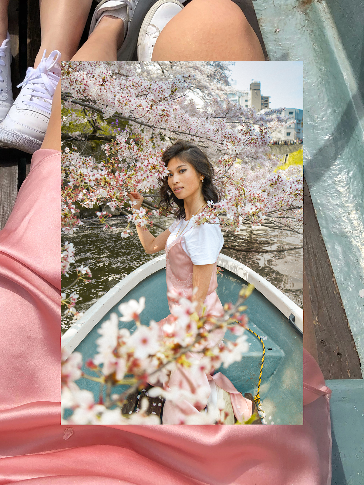 Cherry blossom basen in Tokyo, row boats cherry blossom viewing, cherry blossom lake Tokyo, Spring activities in Tokyo, cherry blossom portraits, pink slip dress, FOREVERVANNY