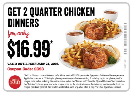 Swiss Chalet 2 Can Dine Quarter Chicken Dinners for $16.99 Coupon