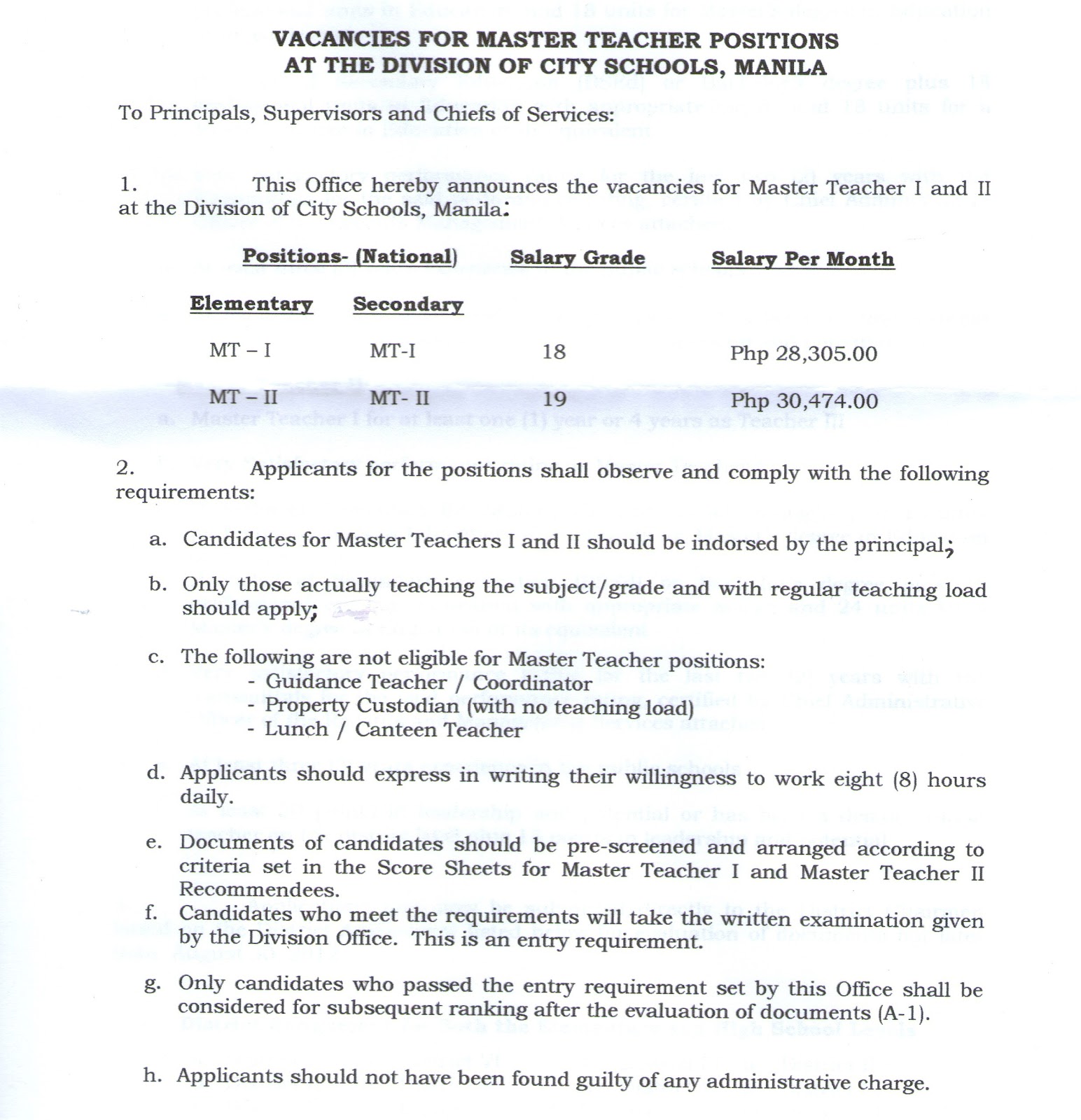 Department of Education Manila 2012 Vacancies for Master Teacher I and