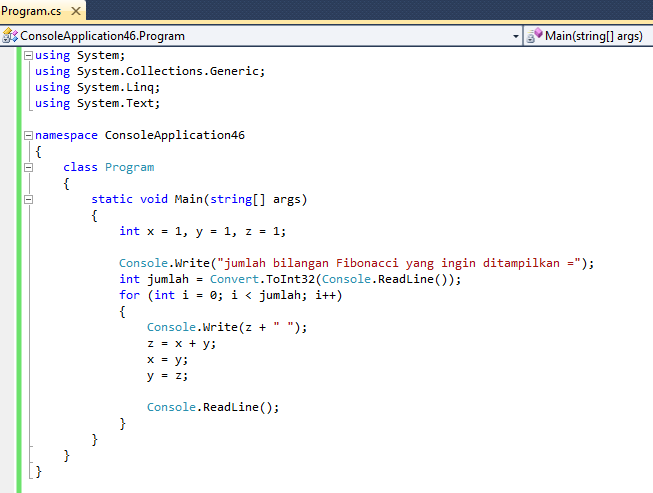 Dreamer Land: CODE C# || Pemrograman Visual 1 || Deret Fibonacci dengan C#