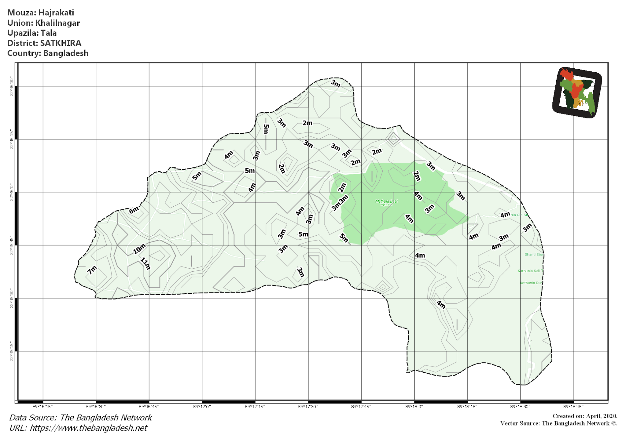 Map of Hajrakati Mouza of Tala Upazila, SATKHIRA, Bangladesh.