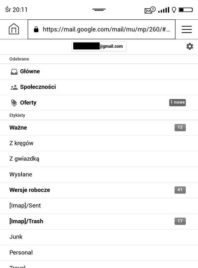 Gmail w przeglądarce na PocketBook Touch HD 3