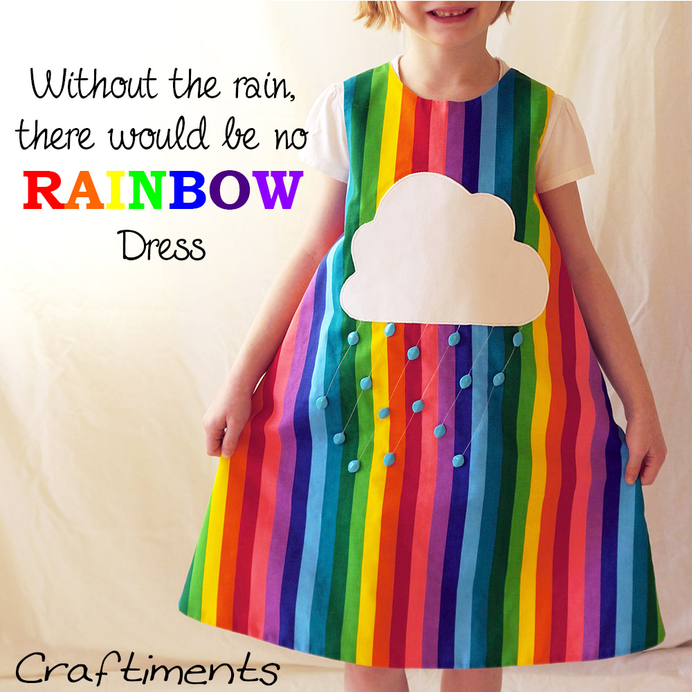 Craftiments:  Rainbow striped jumper dress with cloud applique and raindrop shaped beads
