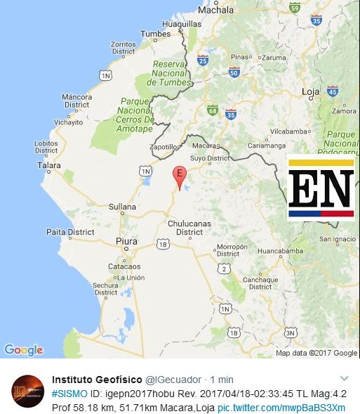 Temblor en Loja intensidad 4.2 temblor en Macara