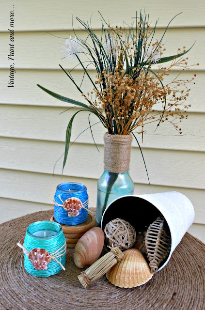 Vintage, Paint and more... raffia wrapped votives with sea shells on a twine wrapped table