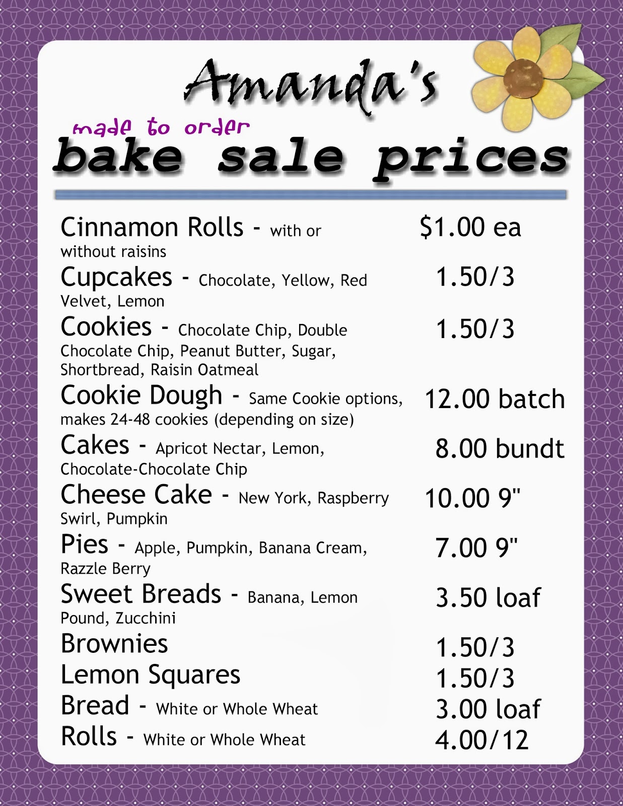 Bake Sale Price List Template