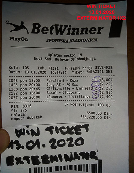 WIN TICKET FROM YESTERDAY MONDAY/ PONEDELJAK 13.01.2020