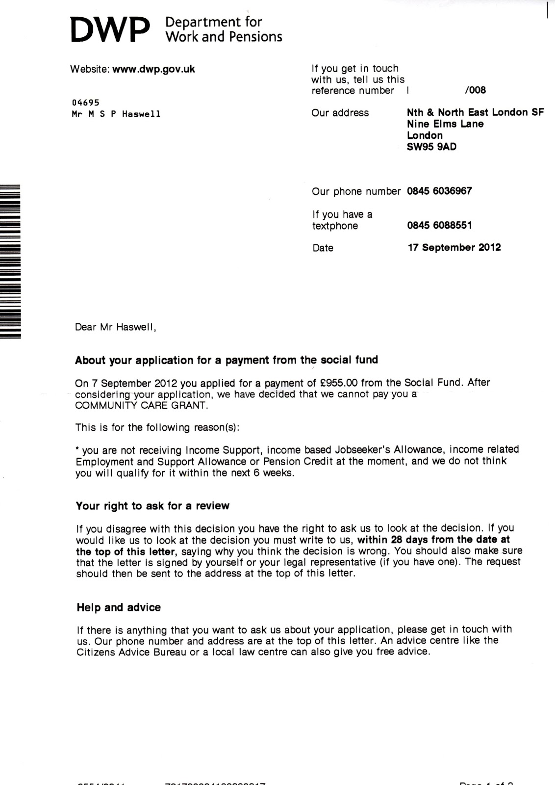 A SAINT CALLED ALLNIGHTS Docs DLA Refusal, DWP Grant Refusal