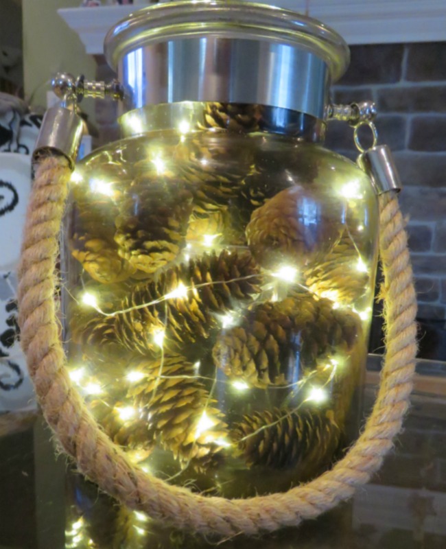Woodland Glam Holiday Decor shining bright, pine cones, 100 rice lights, glass jar