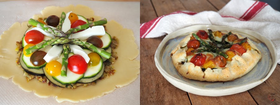 Tarta rústica con una base de masa quebrada y cobertura con calçots, verduras, mozzarella y tomates cherrys.