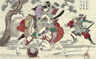 Tomoe Gozen desafiando al samurái del clan Taira. Tomoe Gozen desafiando al samurái del clan Taira.