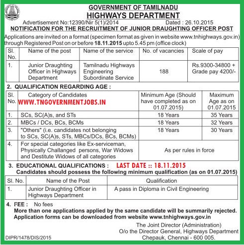 Applications are invited for 188 Junior Draughting Officer in Tamil Nadu Government Highways Department Chennai