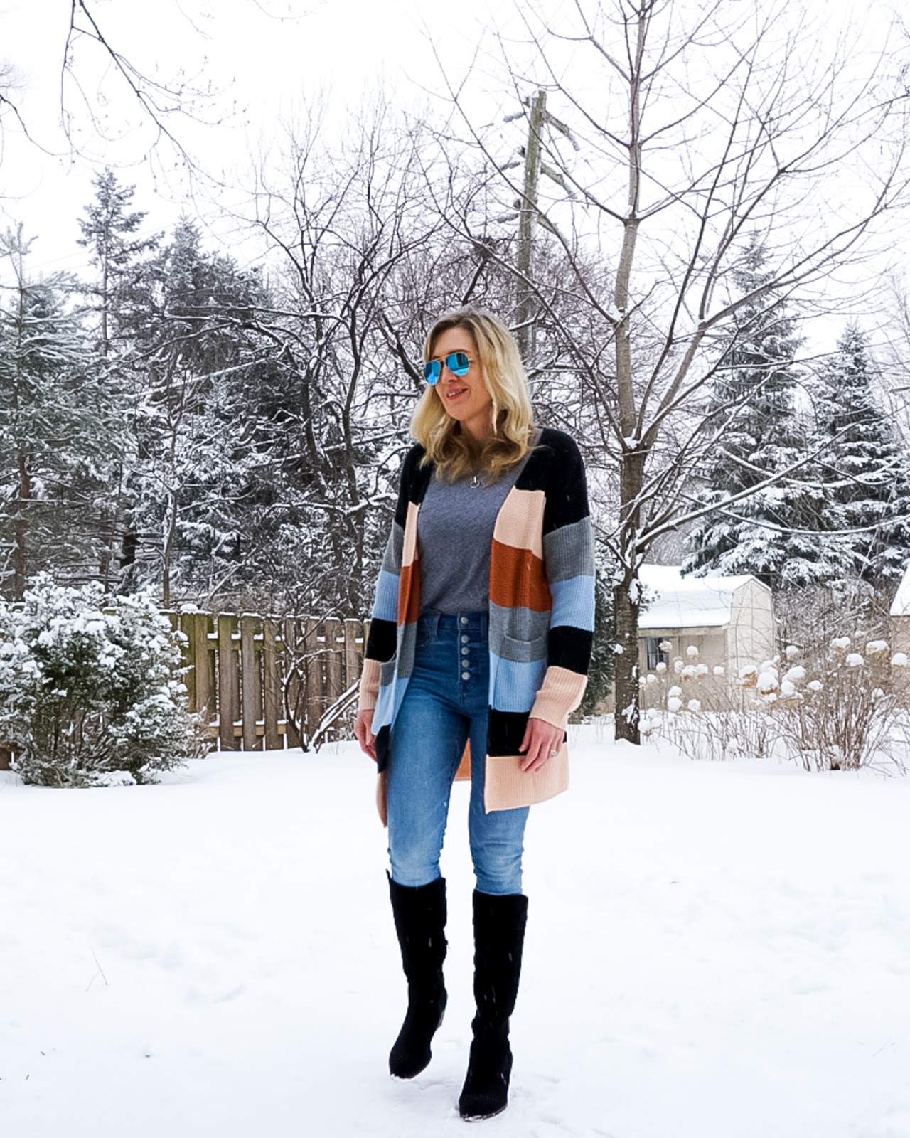 winter outfit with striped cardigan