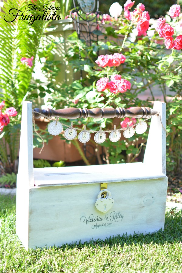 How to build a rustic wedding card caddy for an outdoor wedding with a unique repurposed chair spindle handle and lid with card slot and cute banner.
