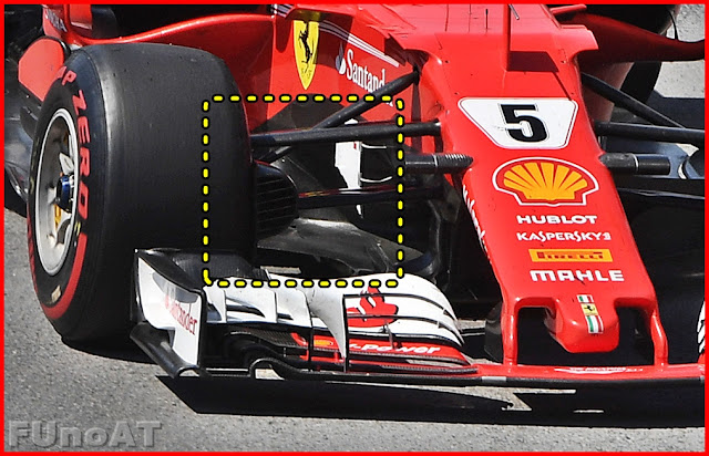 Immagine 1 - Nel riquadro giallo l'unico pezzo di bargeboard rimasto sulla SF70H di Vettel