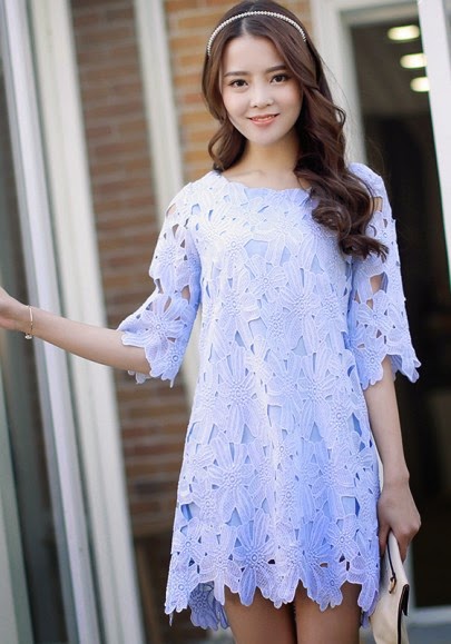 Blue Plain Lace Hollow-out Elbow Sleeve Chiffon Dress | High fashion