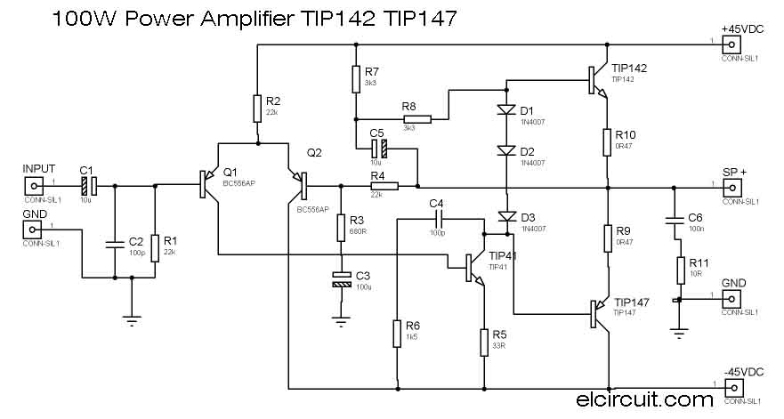 100W Power Amplifier TIP142/TIP147 - Electronic Circuit