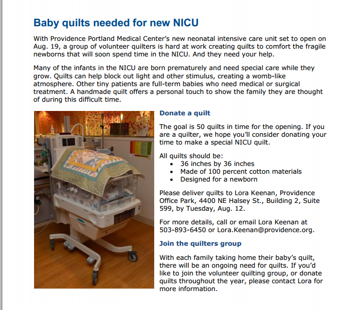 Portland Modern Quilt Guild Baby/Preemie Quilts Needed for Providence