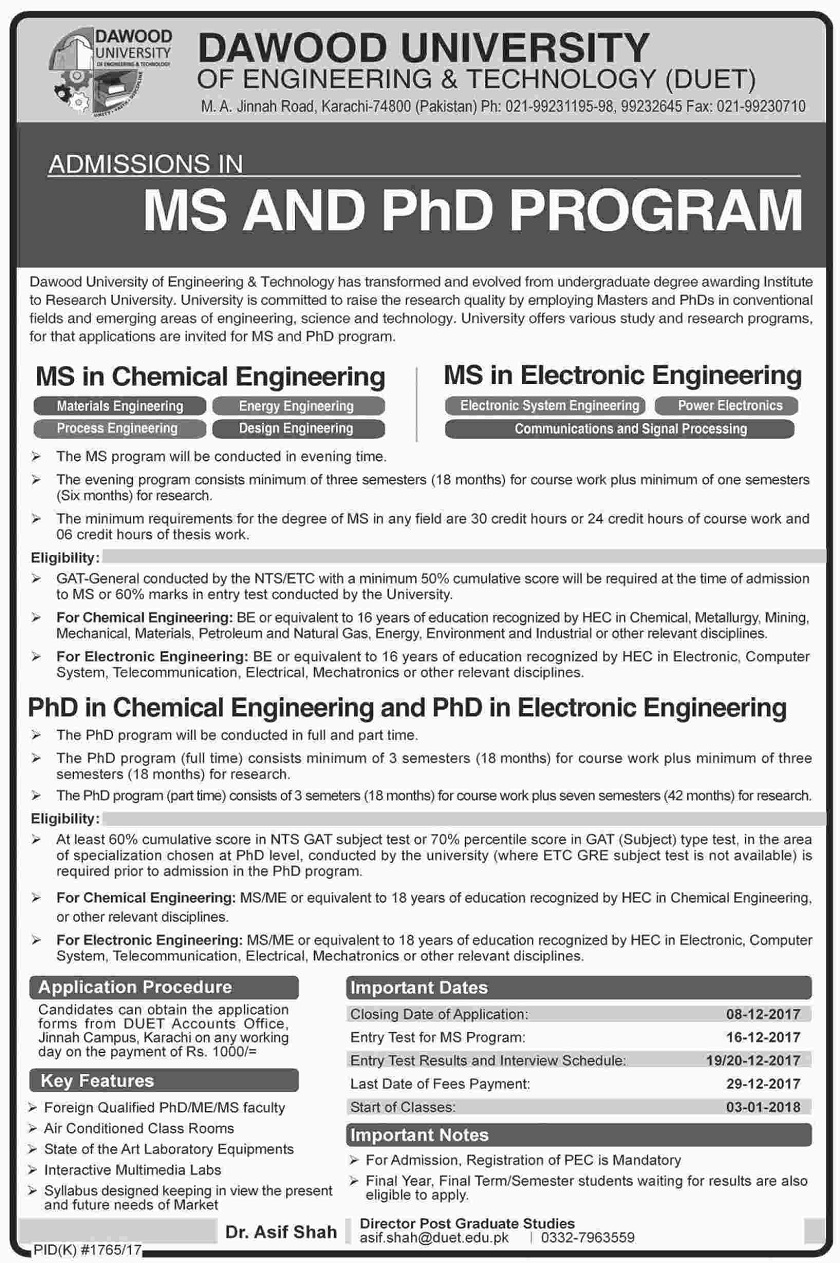 DAWOOD University of Engineering & Technology (DUET) MS/PhD Admissions 2017 DAWOOD University of Engineering & Technology (DUET) MS/PhD Admissions 2017,msc admissions,karachi admissions,phd admissions,Sindh