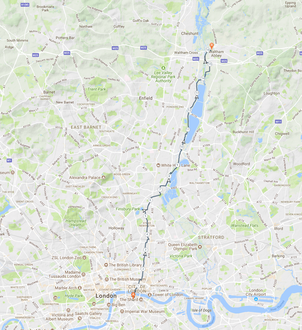 from southwark we ll go through the city past the bank of england and then up cs1 to tottenham hale it s not one of the great superhighways mostly paint from southwark we ll go through the city past the bank of england and then up cs1 to tottenham hale it s not one of the great superhighways mostly paint