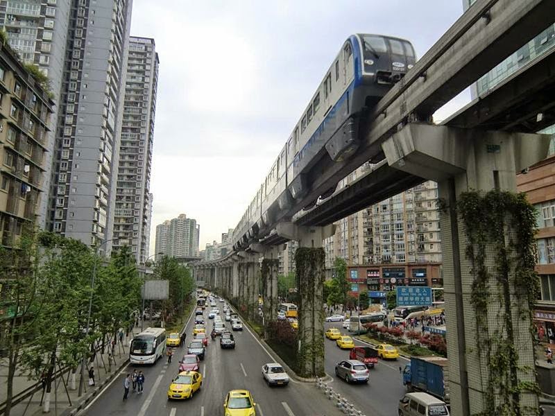Chongqing monorail passes through a building.