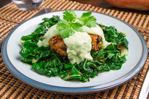 Chipotle Sweet Potato and Black Bean Quinoa Cakes with Creamy Avocado Sauce