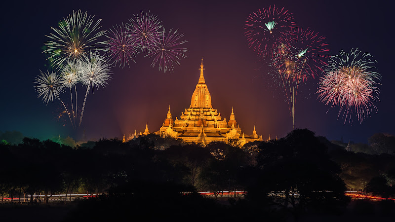 Fireworks above Ananda Phato Temple