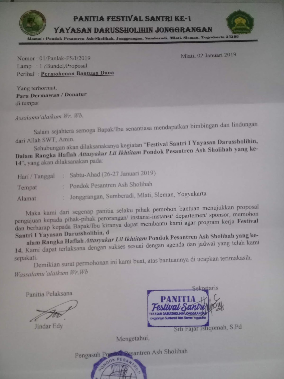 Contoh Surat Permintaan Permohonan Bantuan Dana Proposal Untuk Haflah Dan Lomba Ponpes Madrasah