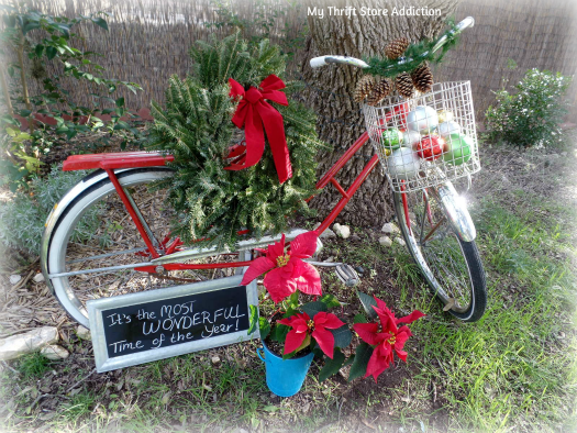 Friday's Find: Clearance Poinsettias to Deck My Halls... mythriftstoreaddiction.blogspot.com My vintage garden bike decorated for Christmas