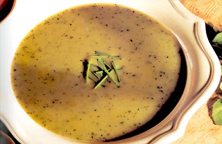 Watercress soup served in a white bowl