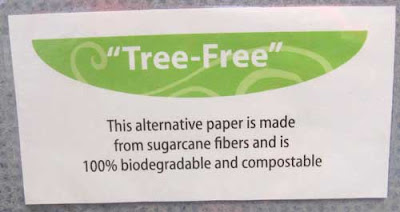Sign saying paper is made from sugarcane, no trees used