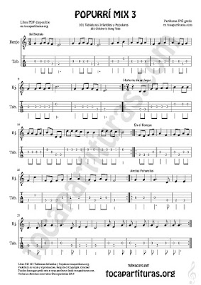 Tablatura y Partitura de Banjo Solfeando, Historia de un Lugar, En el Bosque y Anclas Potanclas Popurrí Mix 3 Tablature Sheet Music for Banjo Music Score Tabs