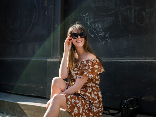 Outfit: off shoulder floral dress, snakeskin boots