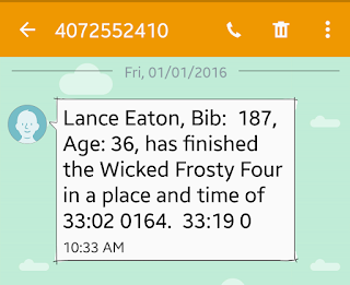 Results from the Frosty Four:  Lance Eaton, Bib: 187, Age 36, has finished the Wicked Frosty Four in a place and time of 33:02:0164.  33:19 0
