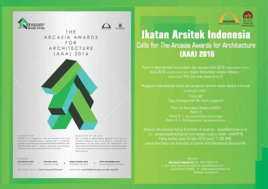 IKATAN ARSITEK INDONESIA CALLS FOR THE ARCASIA AWARDS FOR ARCHITECTURE (AAA) 2016