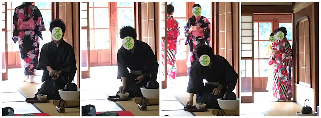 Four pictures from left to right showing scenes from the tea ceremony at a school festival