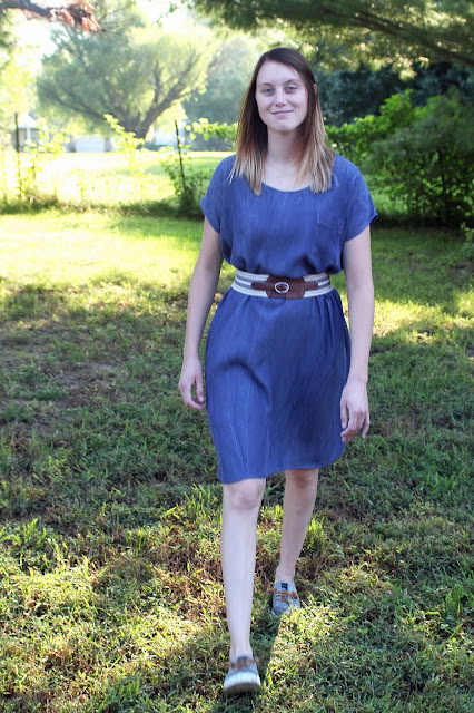 Lou Box Top lengthened to a dress, made in Tencel Denim