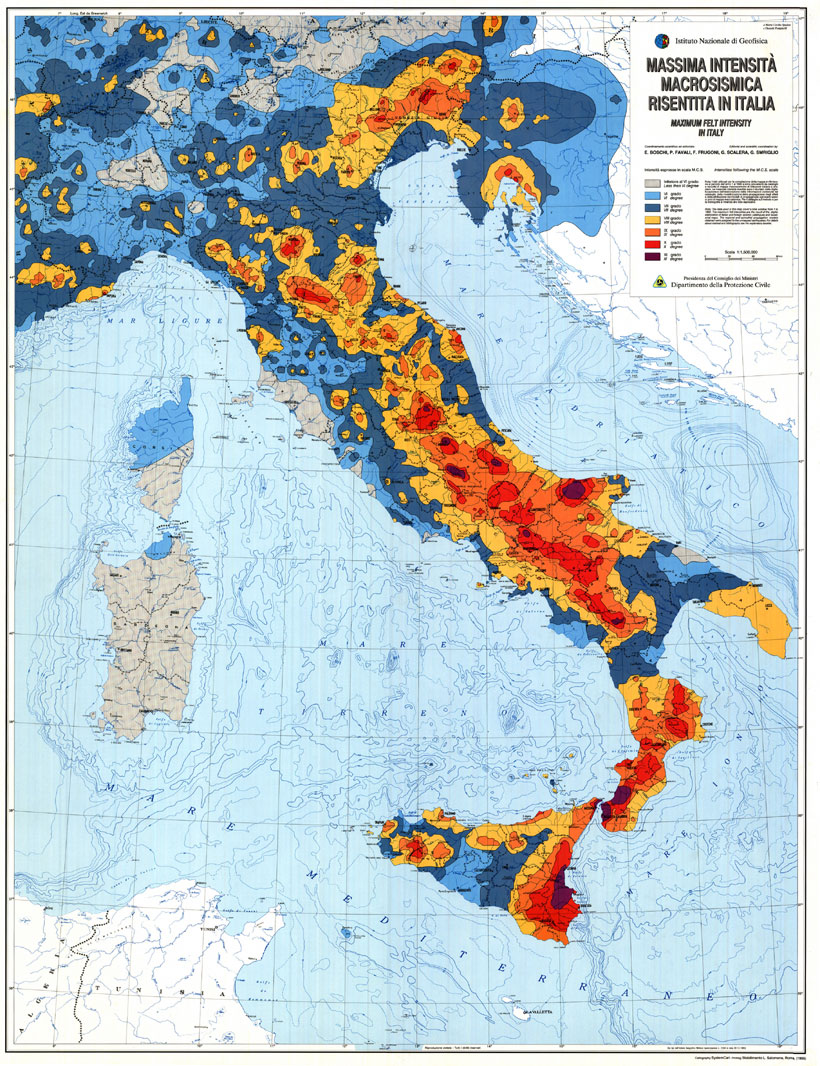 Map of the maximum intensity of earthquakes registered in Italy 