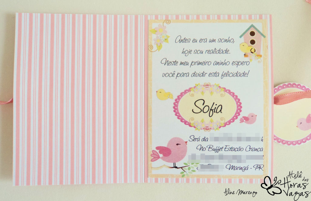 convite artesanal passarinhos rosa e creme bege marfim aniversário 1 aninho