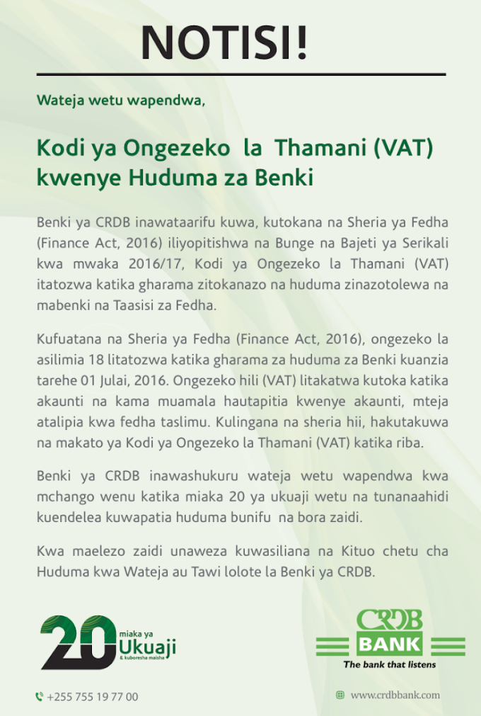Benki Zaanza Kuwakamua Watanzania kwa Kuongeza kodi (VAT) ya 18%