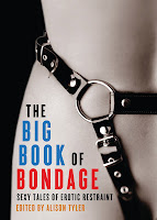 Cover of Big Book of Bondage, bold, striking, and clean. A light-skinned woman's right waist and hip, from about three-quarters up her thigh to one-third of the way up her rib cage. A black leather harness with an O-ring and silver buckles transects her waste and goes under her crotch. Black background behind her. The book title and author's name are all on her hip and thigh, below the harness.