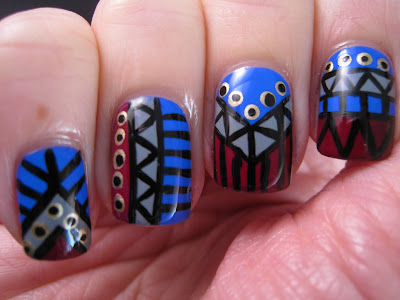 Tribal-nail-art-blue-grey-red-gold