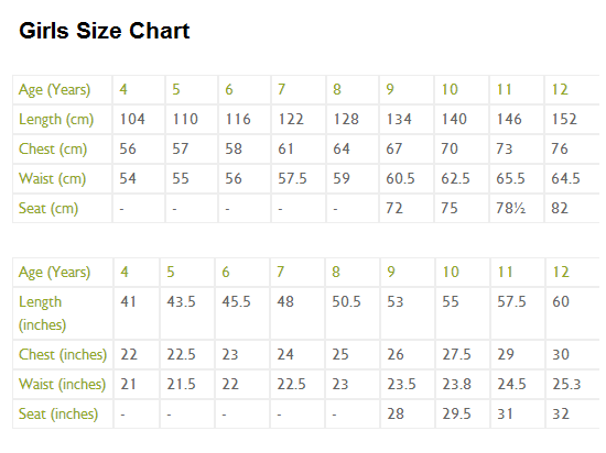 Girl Measurement Size Chart