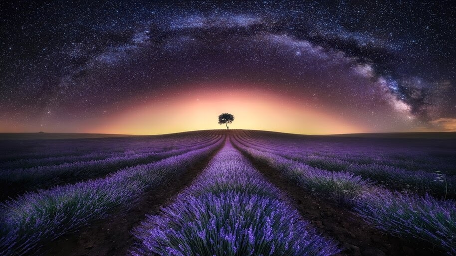 Stars, Night, Sky, Milky Way, Lavander, Flower Field, Scenery,Landscape, 4K, #4.781