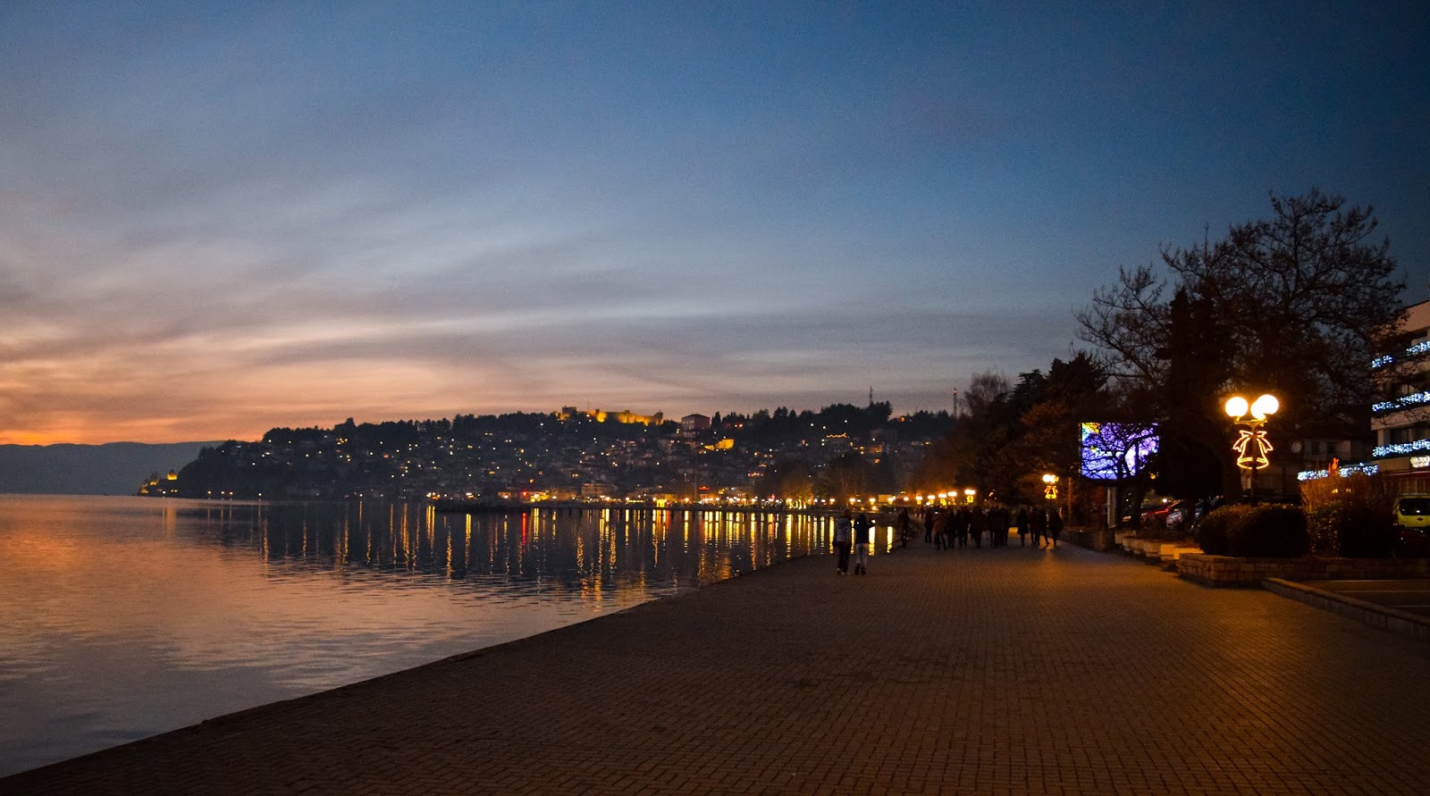 Dock on lake shores in the night