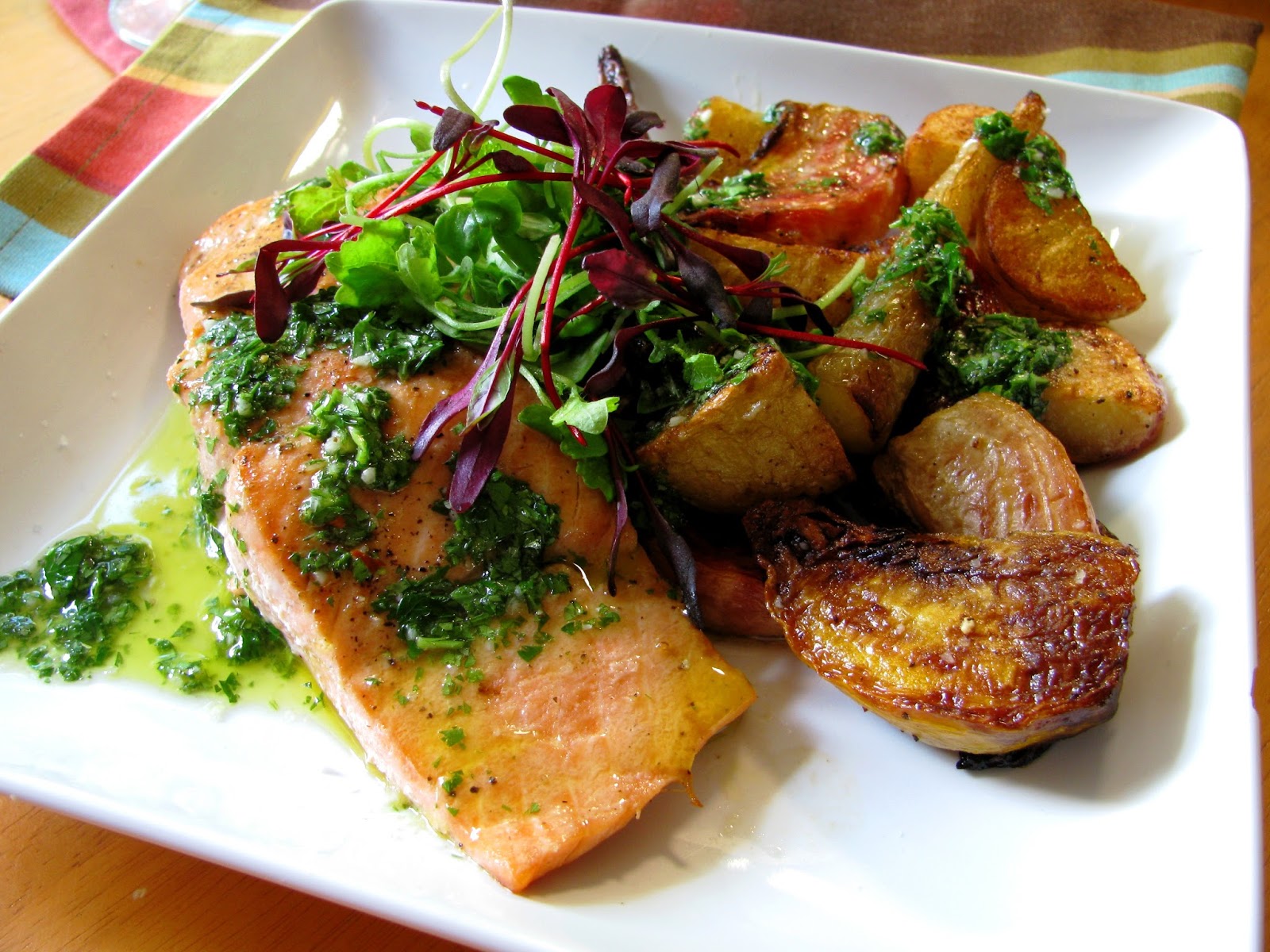 Chena Girl Cooks wild alaska salmon with chimichurri & roasted root
