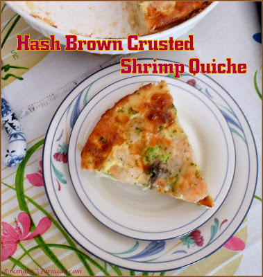 Hash Brown Crusted Shrimp Quiche is a shrimp, vegetable and egg pie baked in a flavor infused hash brown crust. Perfect for lunch, brunch, or dinner. | Recipe developed by www.BakingInATornado.com | #dinner #shrimp