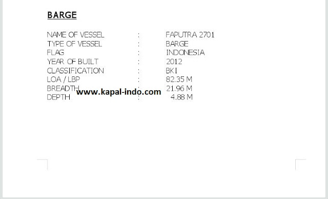 Ship Particular BG Faputra 2701 Ship Particular Kapal Barge BG Faputra 2701, Jual kapal vessel, jual kapal vesel tahun 2012, jual kapal vessel di merak, owner kapal BG Faputra 2701, pemilik kapal vessel bg faputra 2701, spesifikasi bg faputra 2701
